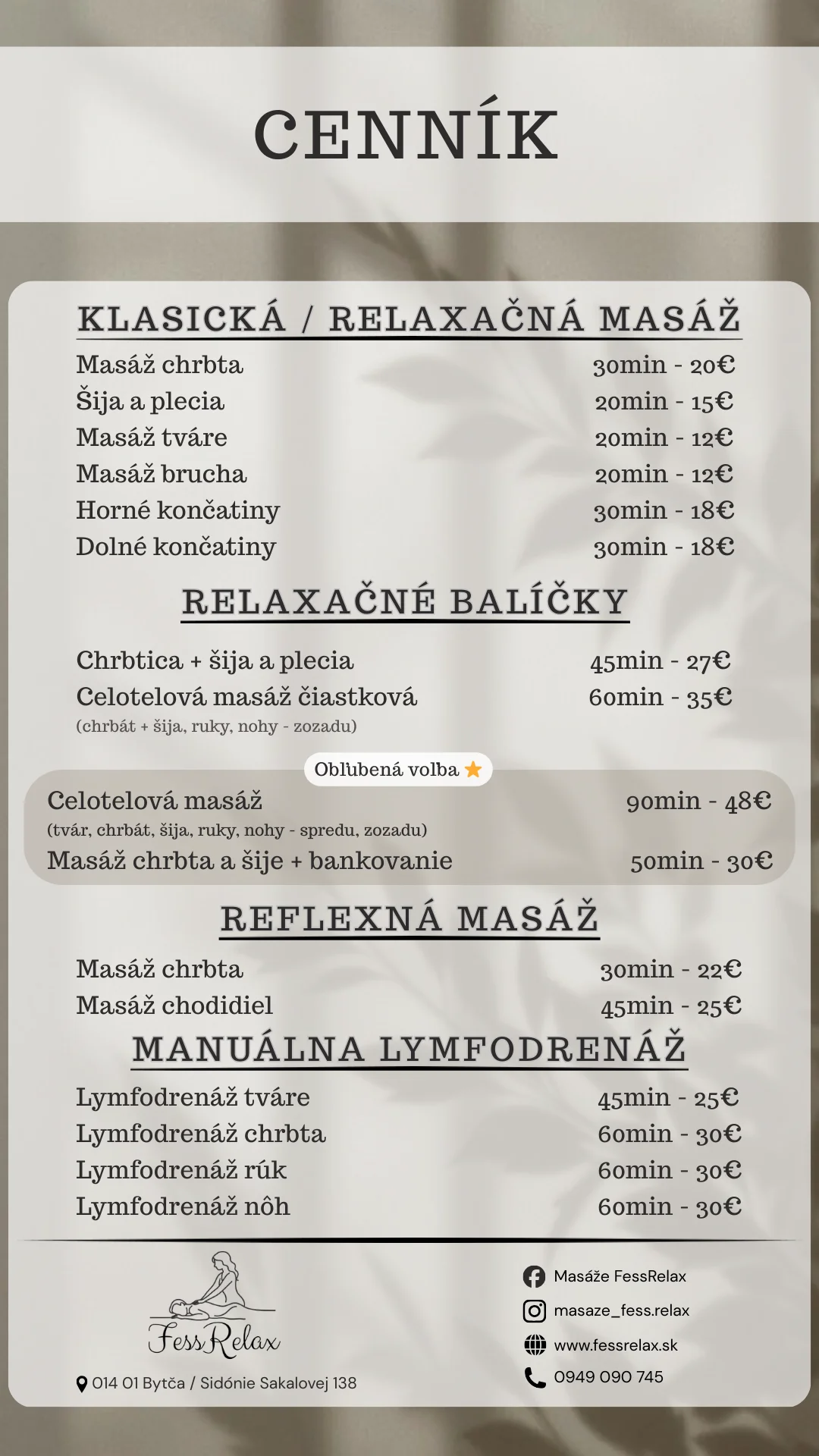 Cenník masáží Fess Relax Bytča