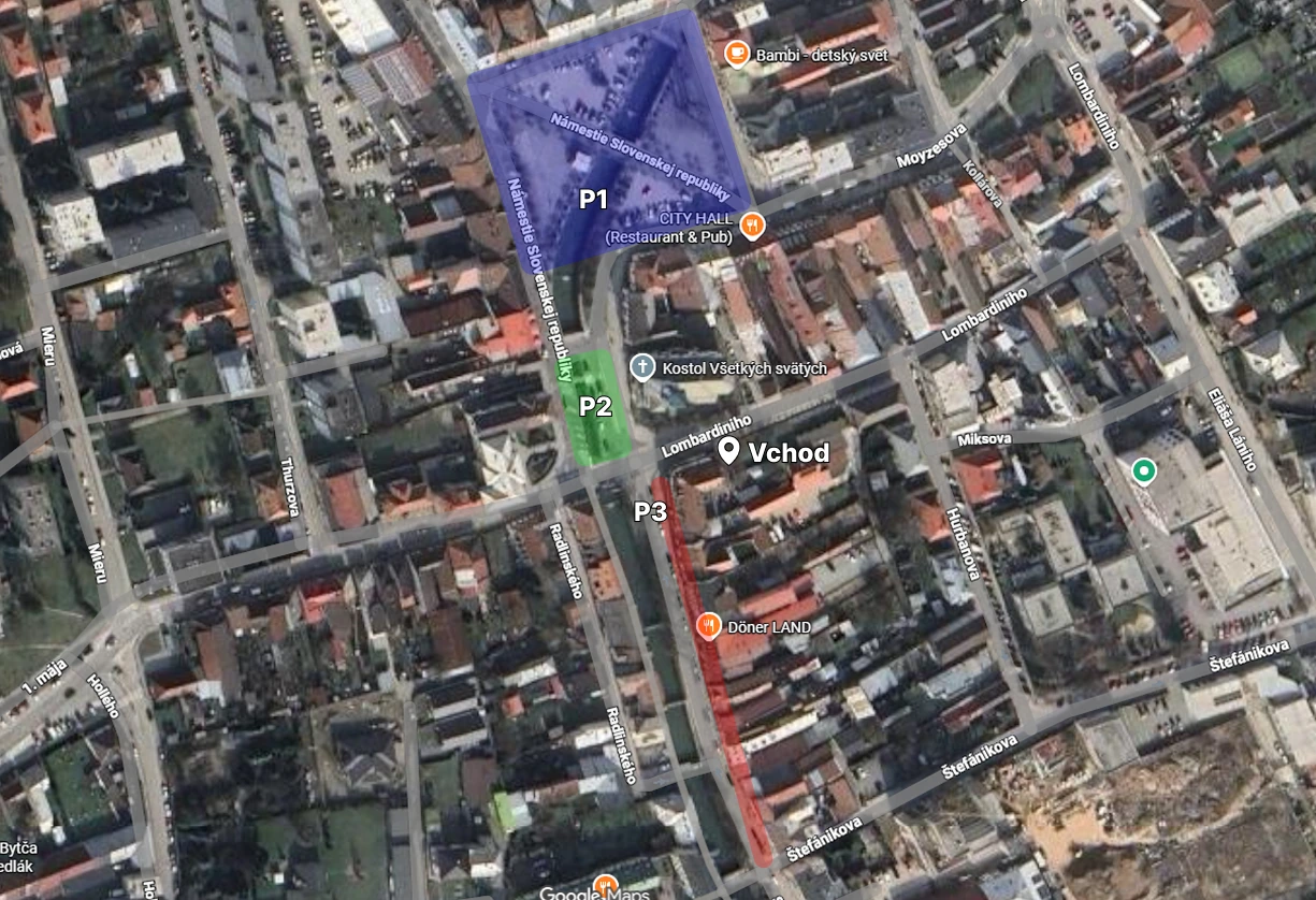 Mapa parkovania pri salóne Fess Relax: parkoviská P2, P3 a vchod do budovy